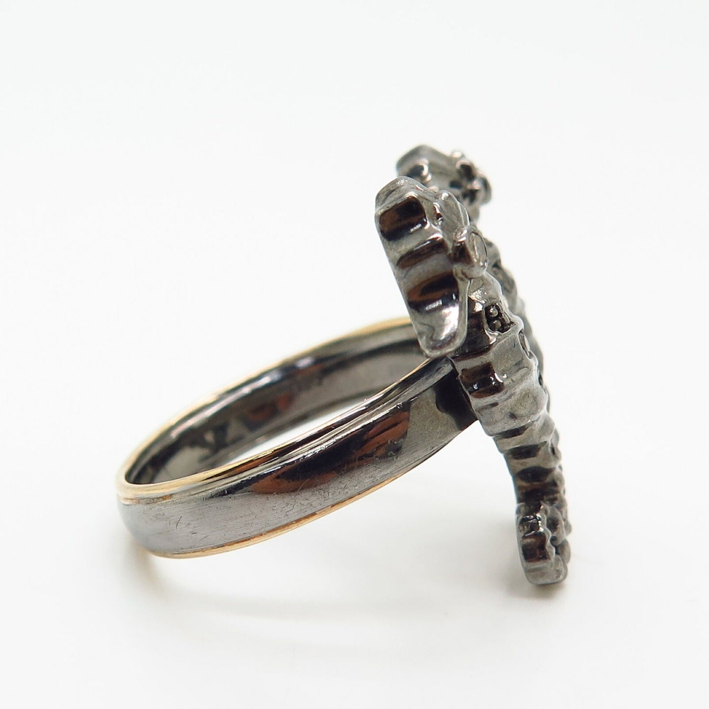 925 Sterling Silver / 14K Real Diamond Couple of Seahorse Design Ring Size 7 1/4