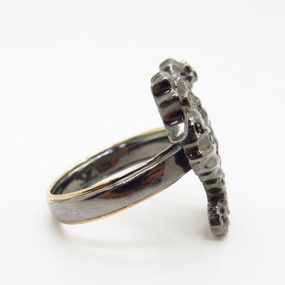 925 Sterling Silver / 14K Real Diamond Couple of Seahorse Design Ring Size 7 1/4