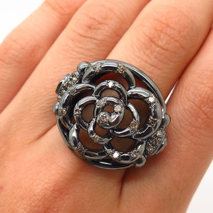 925 Sterling Rhodium Plated / 14K Real Diamond Rose Floral Ring Size 7 1/4