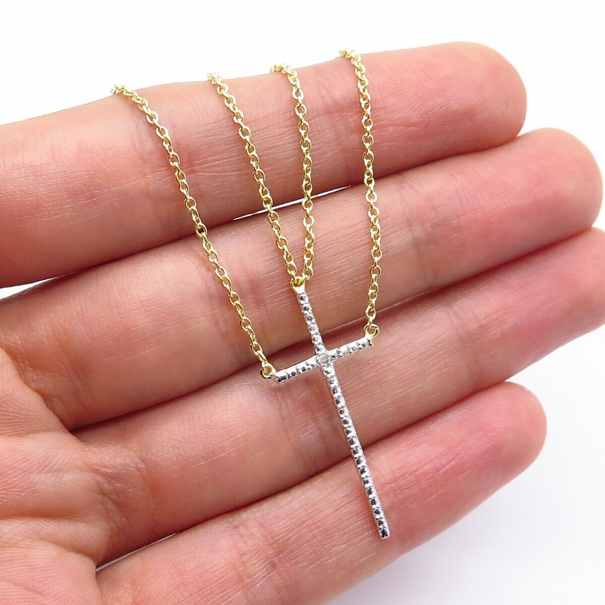 925 Sterling Silver Gold Plated Real White Diamond Cross Rolo Chain Necklace 18"