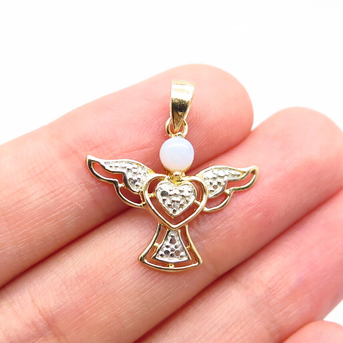 925 Sterling Silver Gold Plated Real White Diamond & Opal Gem Angel Pendant