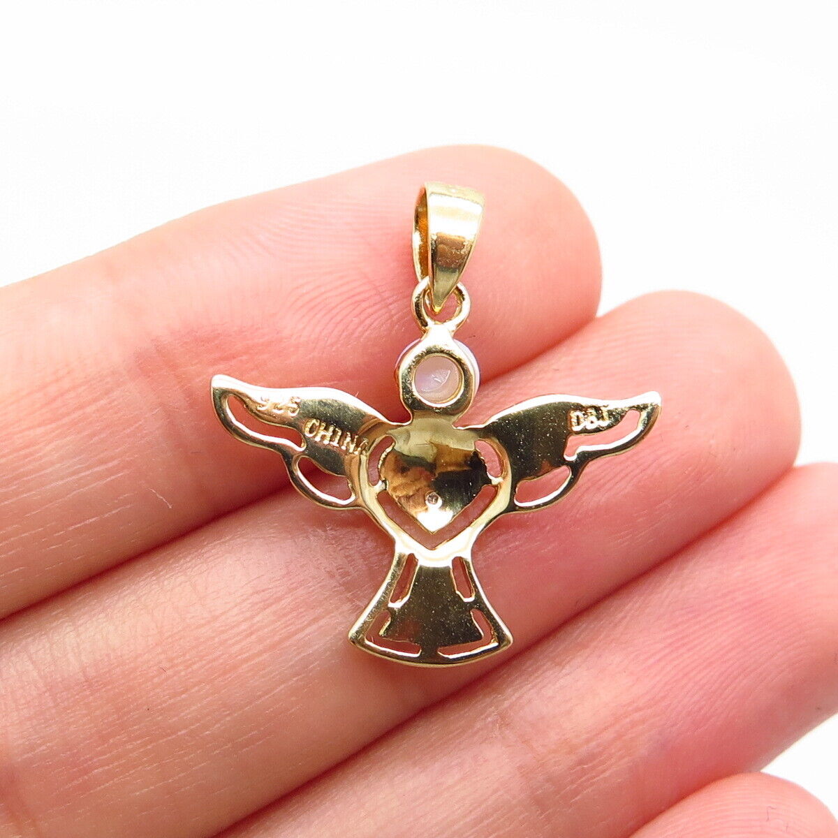 925 Sterling Silver Gold Plated Real White Diamond & Opal Gem Angel Pendant