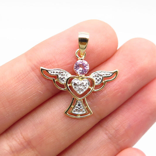 925 Sterling Silver Gold Plated Real Diamond Lab-Created Sapphire Angel Pendant