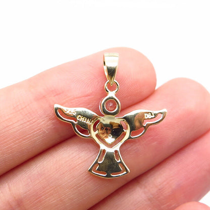 925 Sterling Silver Gold Plated Real Diamond Lab-Created Sapphire Angel Pendant