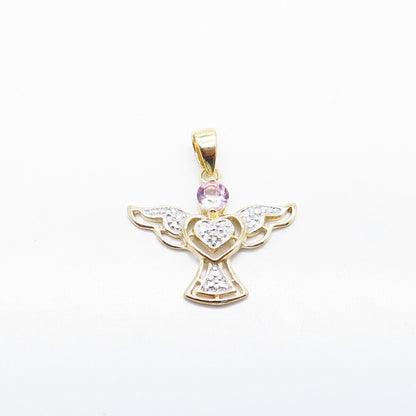 925 Sterling Silver Gold Plated Real Diamond Lab-Created Sapphire Angel Pendant