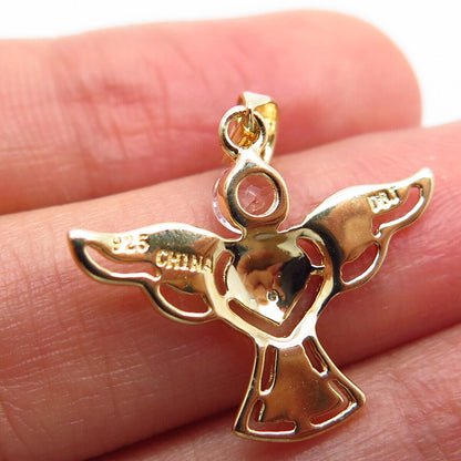 925 Sterling Silver Gold Plated Real Diamond Lab-Created Sapphire Angel Pendant