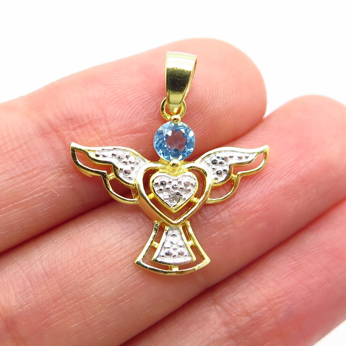 925 Sterling Silver Gold Plated Real White Diamond Blue Topaz Gem Angel Pendant