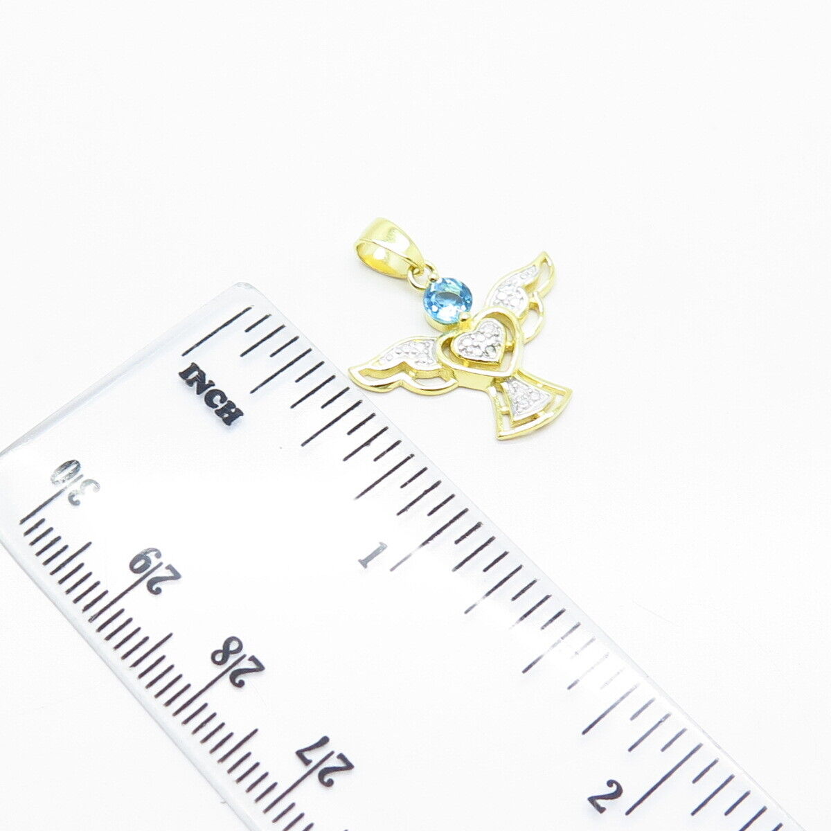 925 Sterling Silver Gold Plated Real White Diamond Blue Topaz Gem Angel Pendant