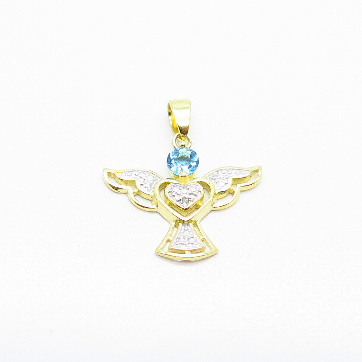 925 Sterling Silver Gold Plated Real White Diamond Blue Topaz Gem Angel Pendant