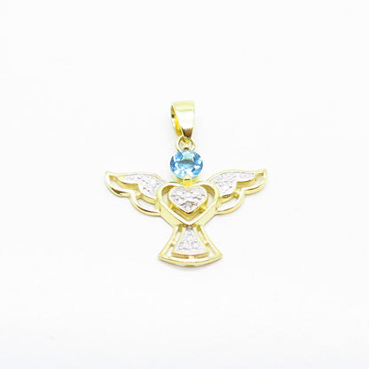 925 Sterling Silver Gold Plated Real White Diamond Blue Topaz Gem Angel Pendant