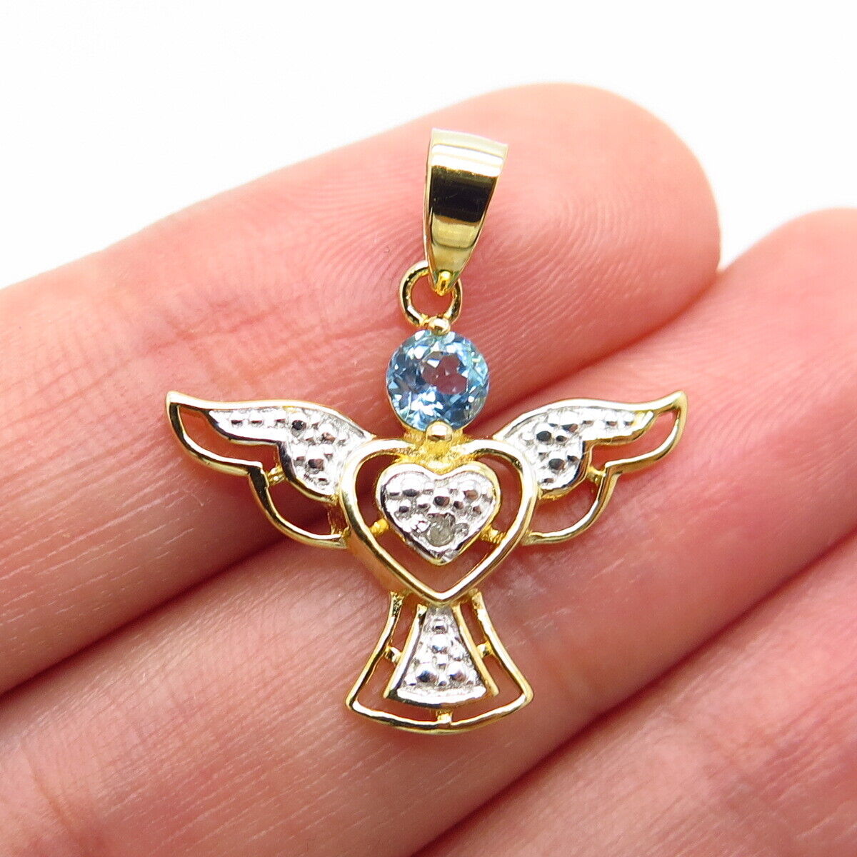 925 Sterling Silver Gold Plated Real White Diamond & Blue Topaz Angel Pendant