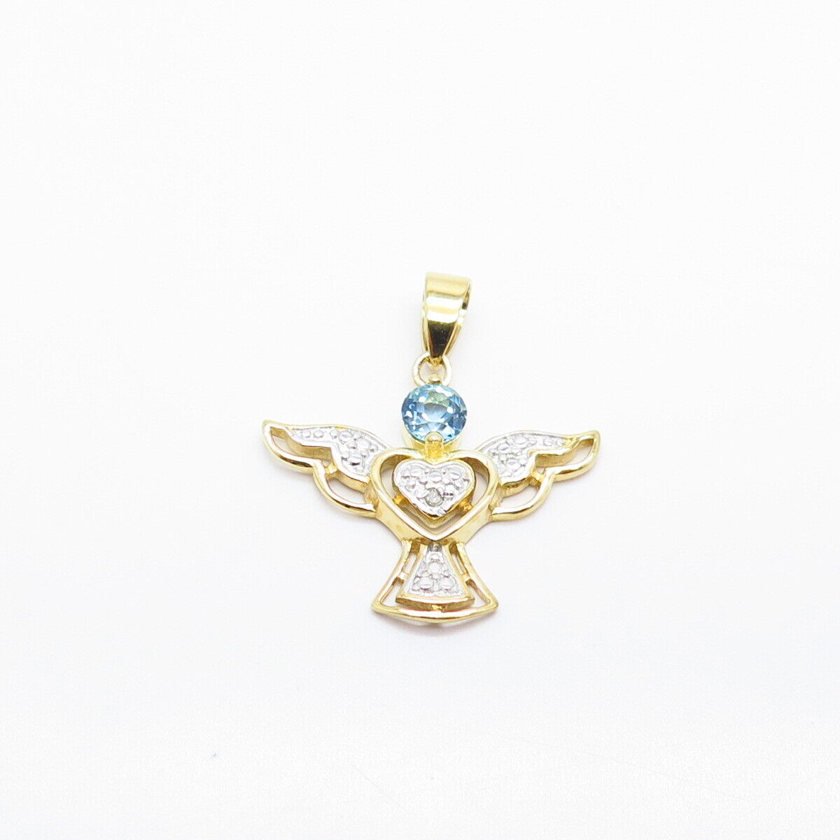 925 Sterling Silver Gold Plated Real White Diamond & Blue Topaz Angel Pendant