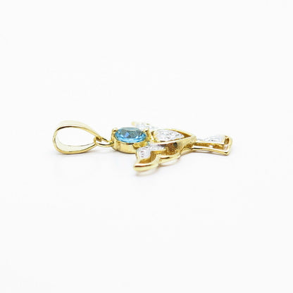 925 Sterling Silver Gold Plated Real White Diamond & Blue Topaz Angel Pendant