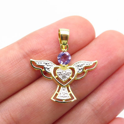 925 Sterling Silver Gold Plated Real White Diamond & Amethyst Gem Angel Pendant