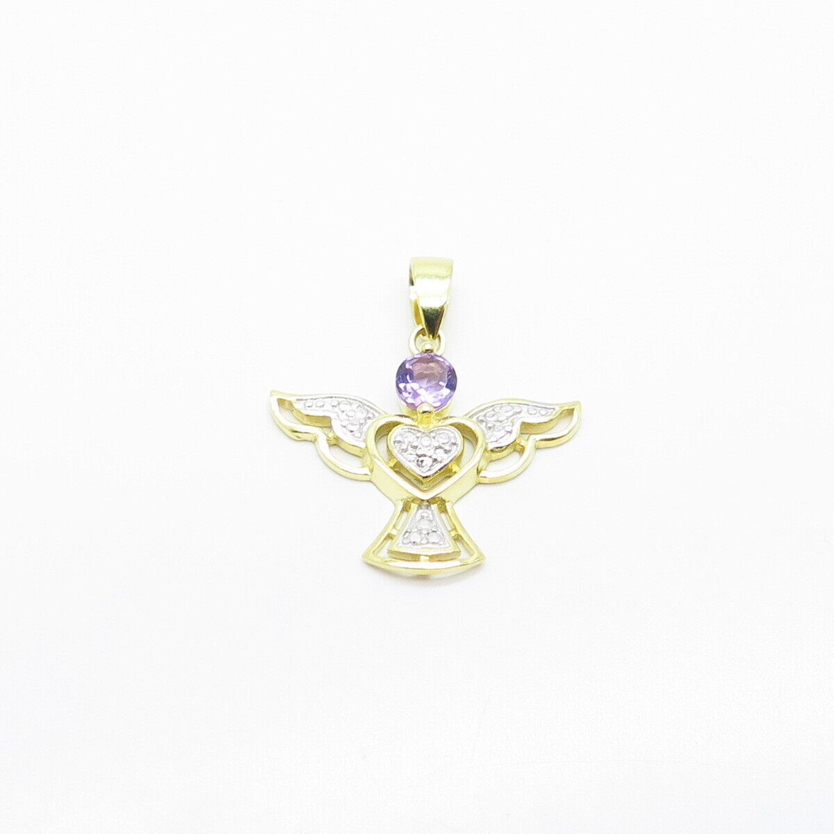 925 Sterling Silver Gold Plated Real White Diamond & Amethyst Gem Angel Pendant