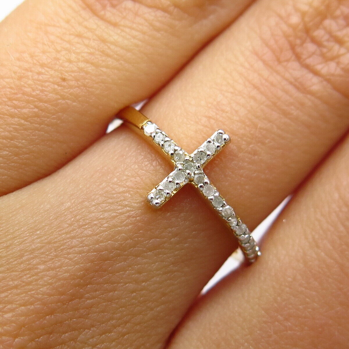 925 Sterling Silver Gold Plated Real White Diamond Cross Ring Size 10.25