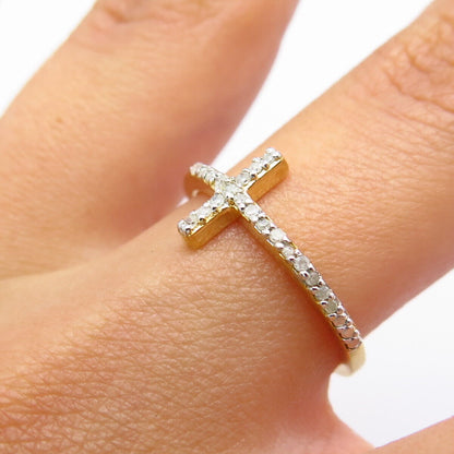 925 Sterling Silver Gold Plated Real White Diamond Cross Ring Size 10.25