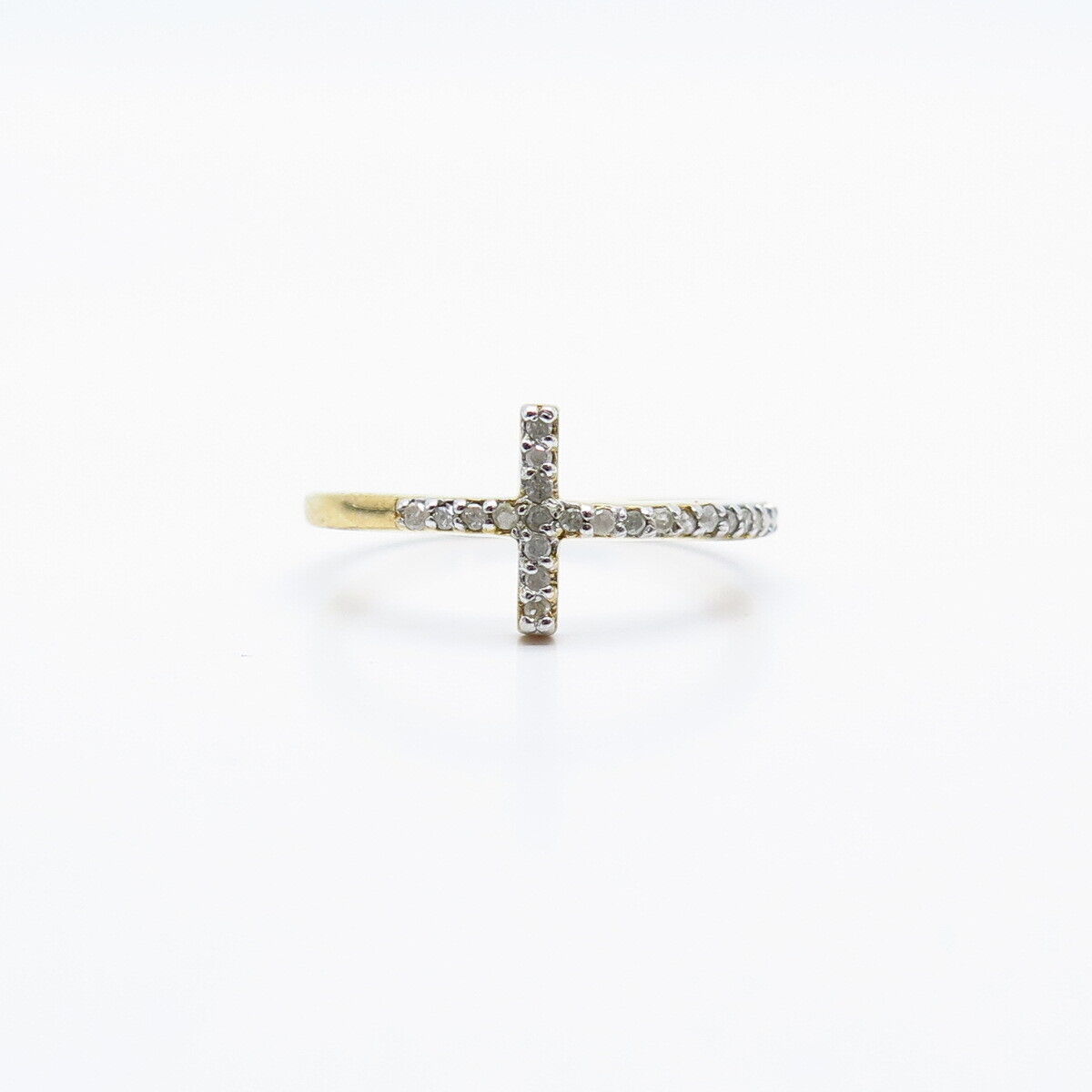 925 Sterling Silver Gold Plated Real White Diamond Cross Ring Size 10.25