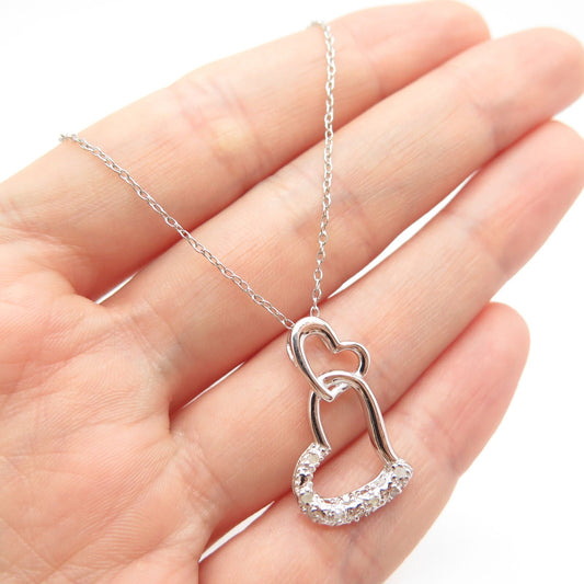 925 Sterling Silver Italy Real Diamond Double Heart Rolo Chain Necklace 17"