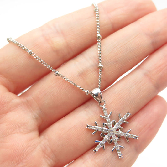 925 Sterling Silver Real Diamond Snowflake Station Cable Chain Necklace 18"