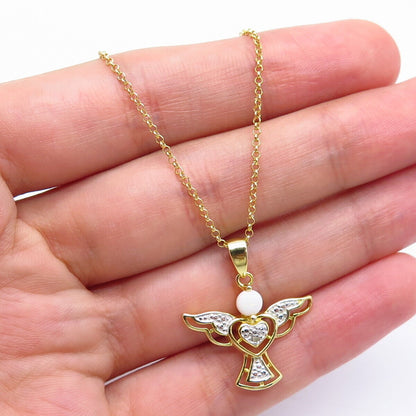 925 Sterling Silver Gold Plated Real Diamond & Opal Angel Rolo Chain Necklace 18