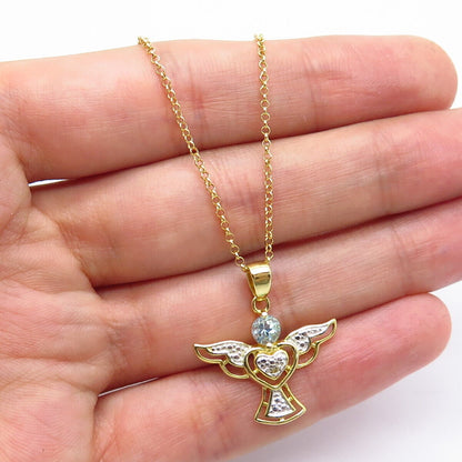 925 Sterling Silver Gold Plated Real Diamond Blue Topaz Angel Chain Necklace 18”