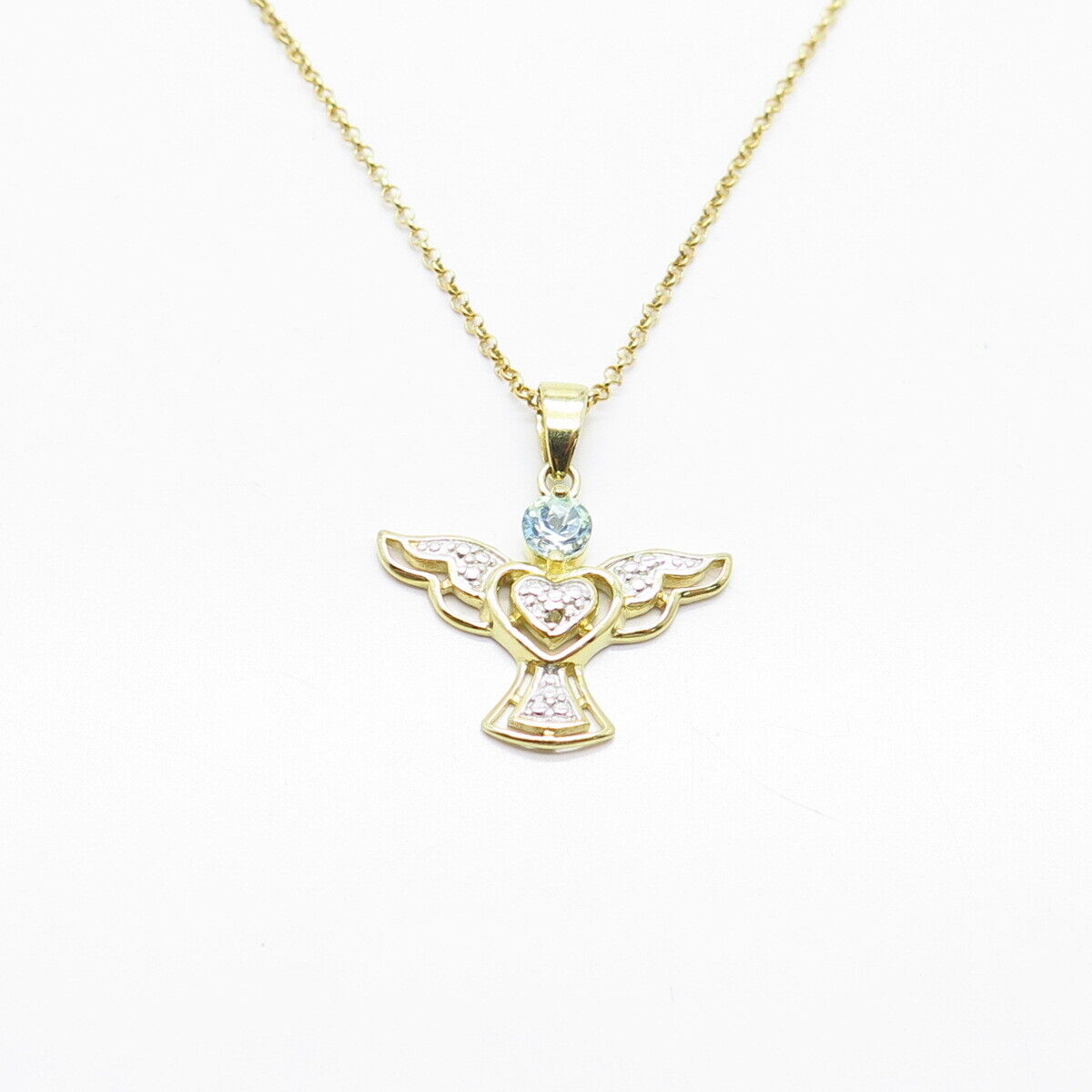 925 Sterling Silver Gold Plated Real Diamond Blue Topaz Angel Chain Necklace 18”