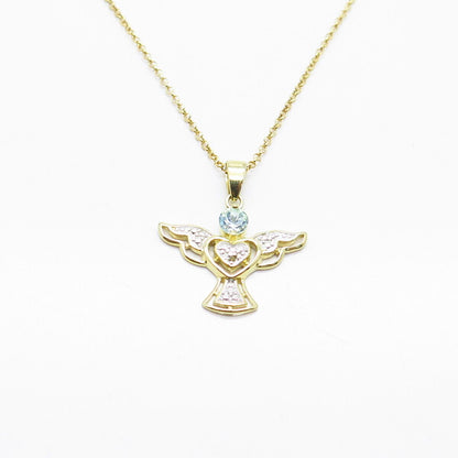 925 Sterling Silver Gold Plated Real Diamond Blue Topaz Angel Chain Necklace 18”