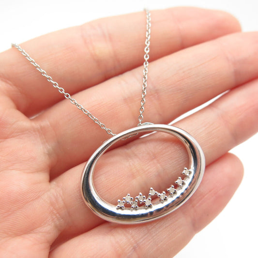 925 Sterling Silver Real White Diamond Open Oval Pendant Rolo Chain Necklace 18"