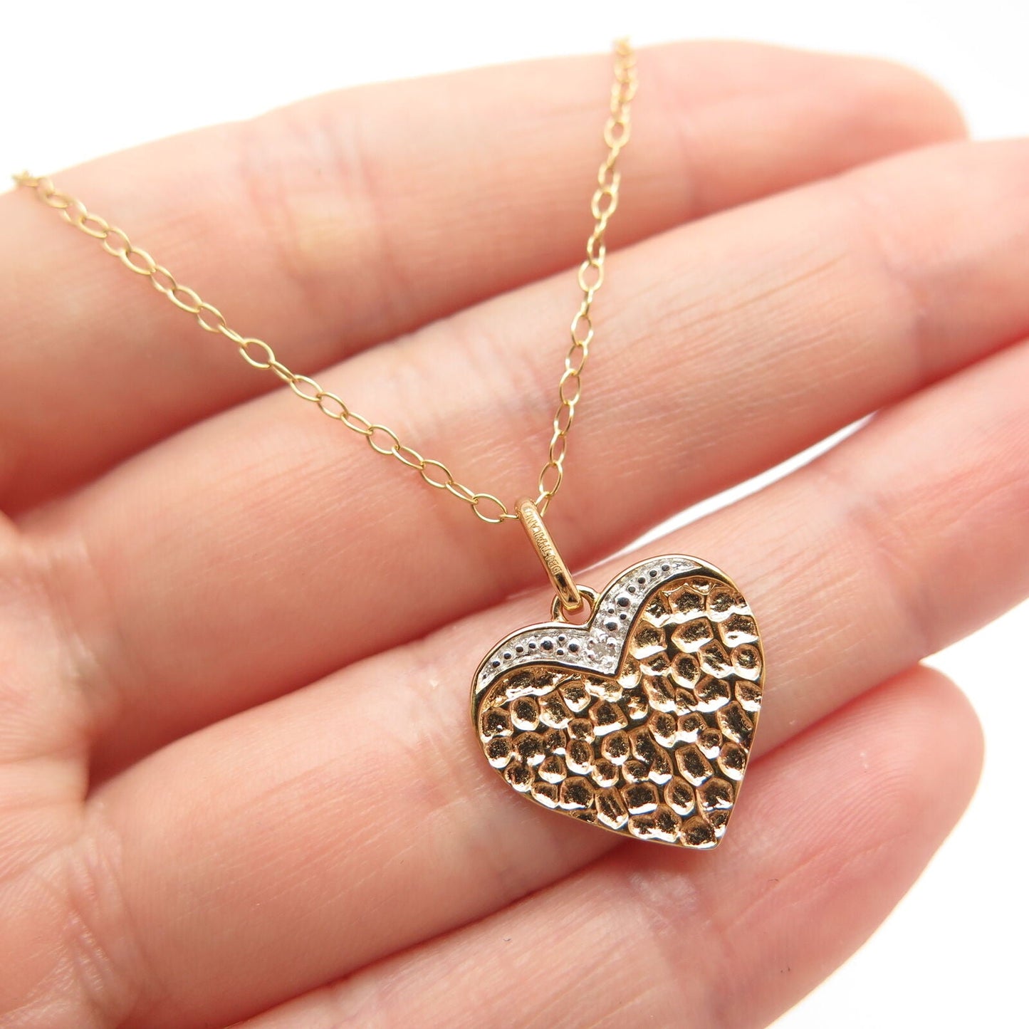 925 Sterling Silver 2-Tone Real White Diamond Heart Rolo Chain Necklace 18"