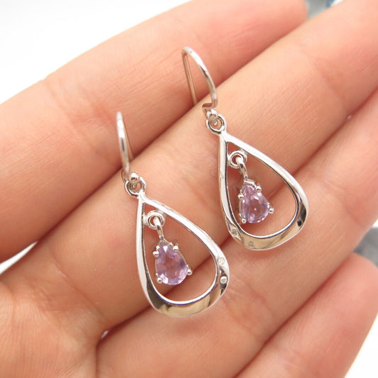 925 Sterling Silver Vintage Real Diamond & Amethyst Gem Dangling Earrings