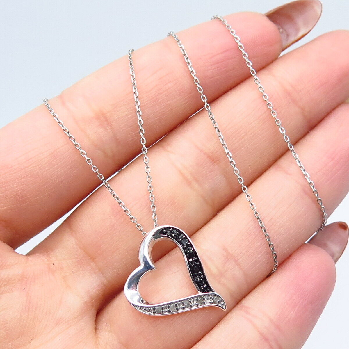 925 Sterling Silver Italy Real White Black Diamond Heart Rolo Chain Necklace 18"