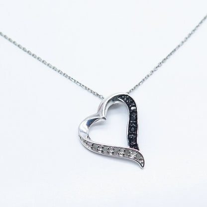 925 Sterling Silver Italy Real White Black Diamond Heart Rolo Chain Necklace 18"