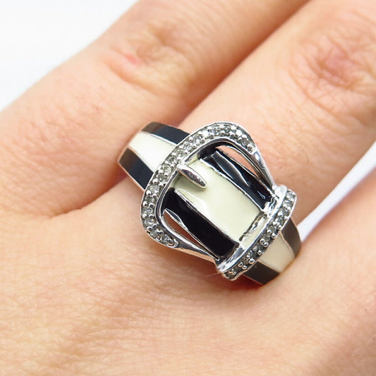 925 Sterling Silver Jane Seymour White Diamond Enamel Belt Buckle Ring Size 6.75