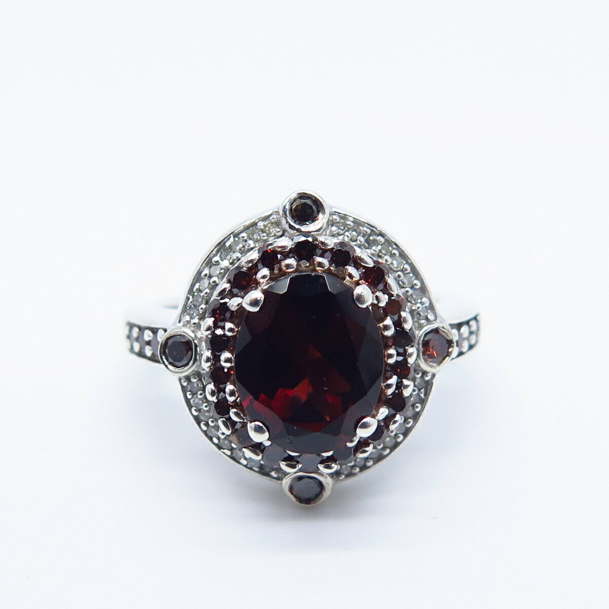 925 Sterling Silver Real White Brown Diamond & Red Garnet Gemstone Ring Size 8