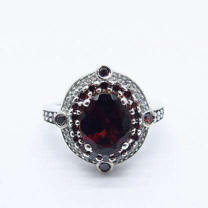 925 Sterling Silver Real White Brown Diamond & Red Garnet Gemstone Ring Size 8