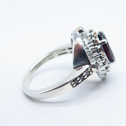 925 Sterling Silver Real White Brown Diamond & Red Garnet Gemstone Ring Size 8