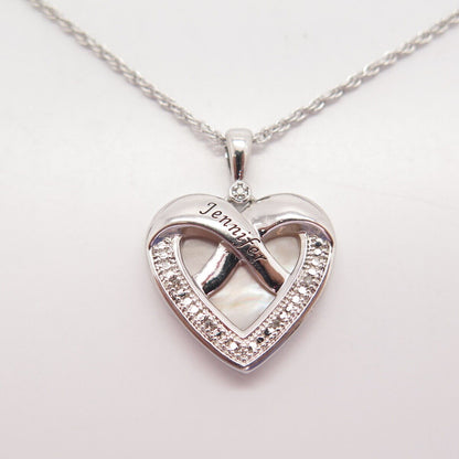 925 Sterling Silver Vintage Diamond MOP Heart Prince-of-Wales Chain Necklace 18"