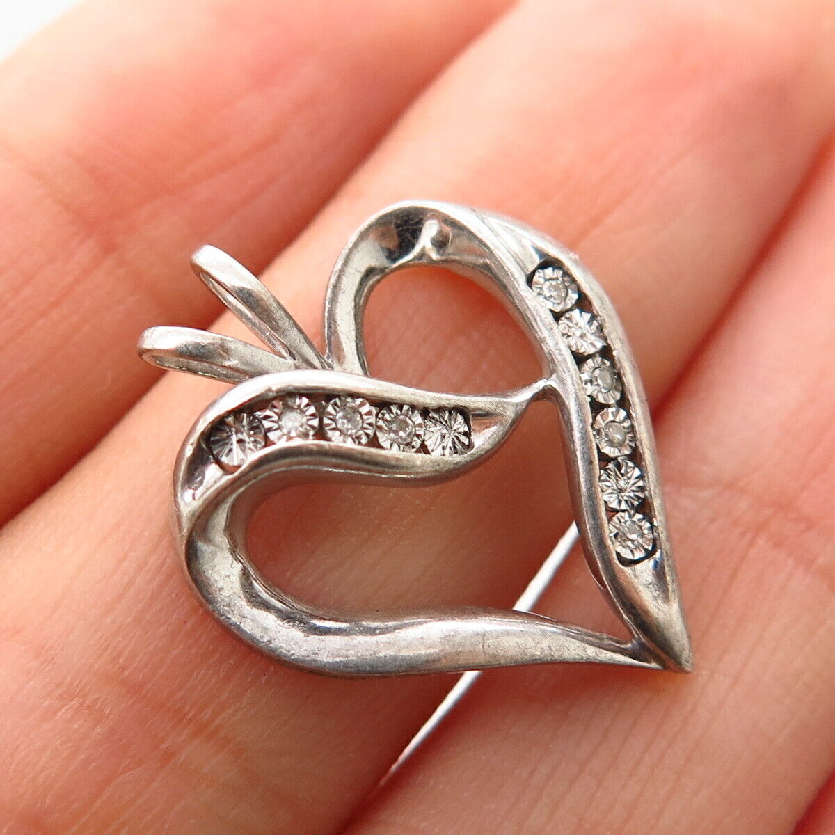 925 Sterling Silver Real Diamond Open Heart Design Slide Pendant