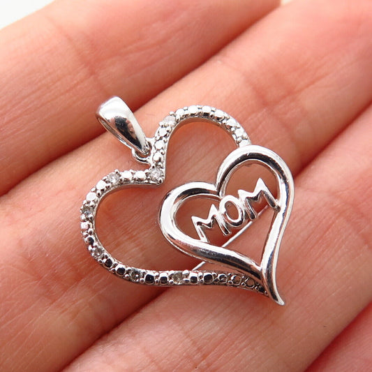 925 Sterling Silver Real Diamond Accent “Mom” Double Heart Pendant