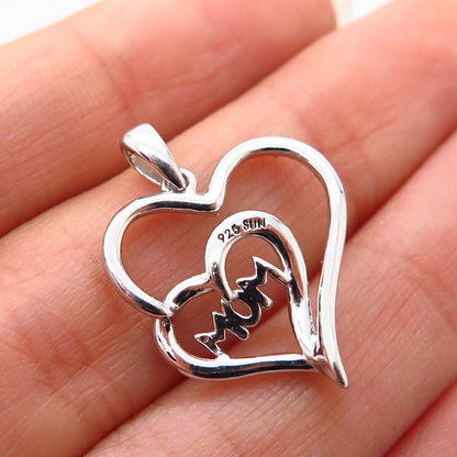 925 Sterling Silver Real Diamond Accent “Mom” Double Heart Pendant