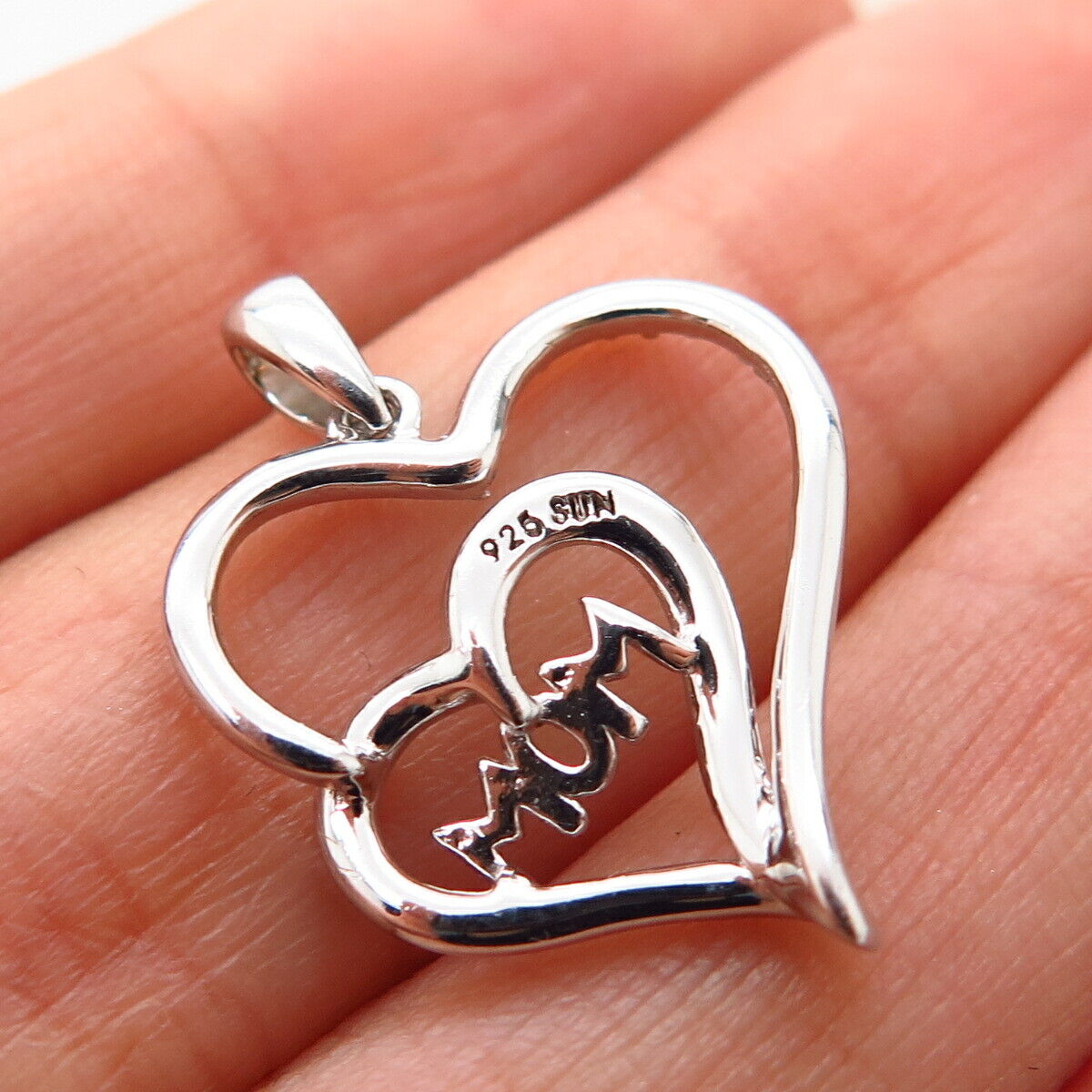 925 Sterling Silver Real Diamond Accent “Mom” Double Heart Pendant