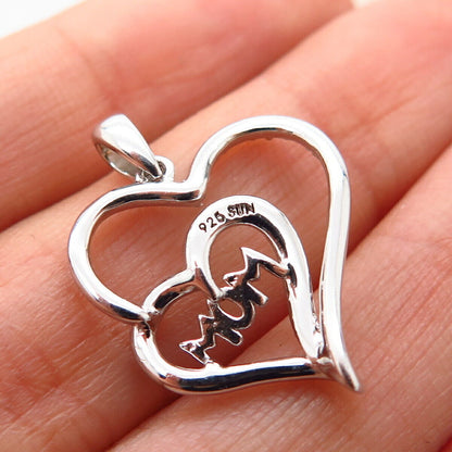 925 Sterling Silver Real Diamond Accent “Mom” Double Heart Pendant