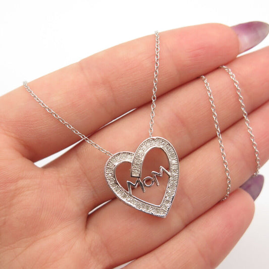 925 Sterling Silver Heng Ngai Real Diamond MOM Heart Rolo Chain Necklace 15"