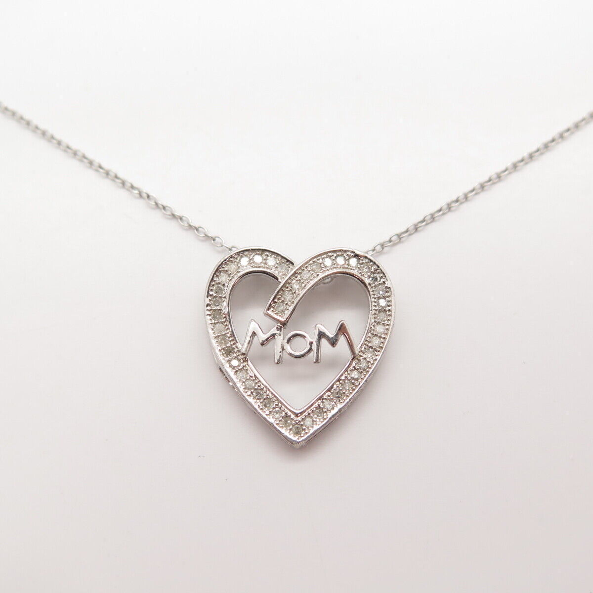 925 Sterling Silver Heng Ngai Real Diamond MOM Heart Rolo Chain Necklace 15"