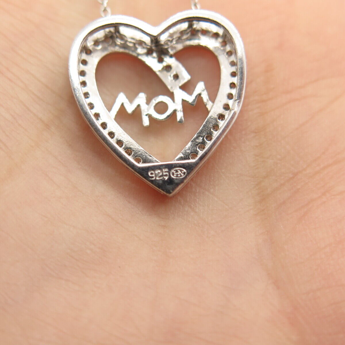 925 Sterling Silver Heng Ngai Real Diamond MOM Heart Rolo Chain Necklace 15"