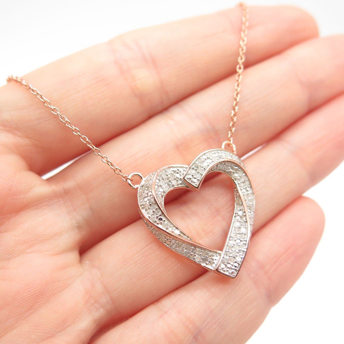 925 Sterling Silver Rose Gold Plated Real White Diamond Heart Chain Necklace 18"