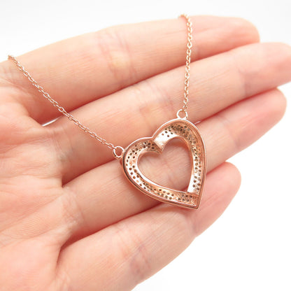 925 Sterling Silver Rose Gold Plated Real White Diamond Heart Chain Necklace 18"