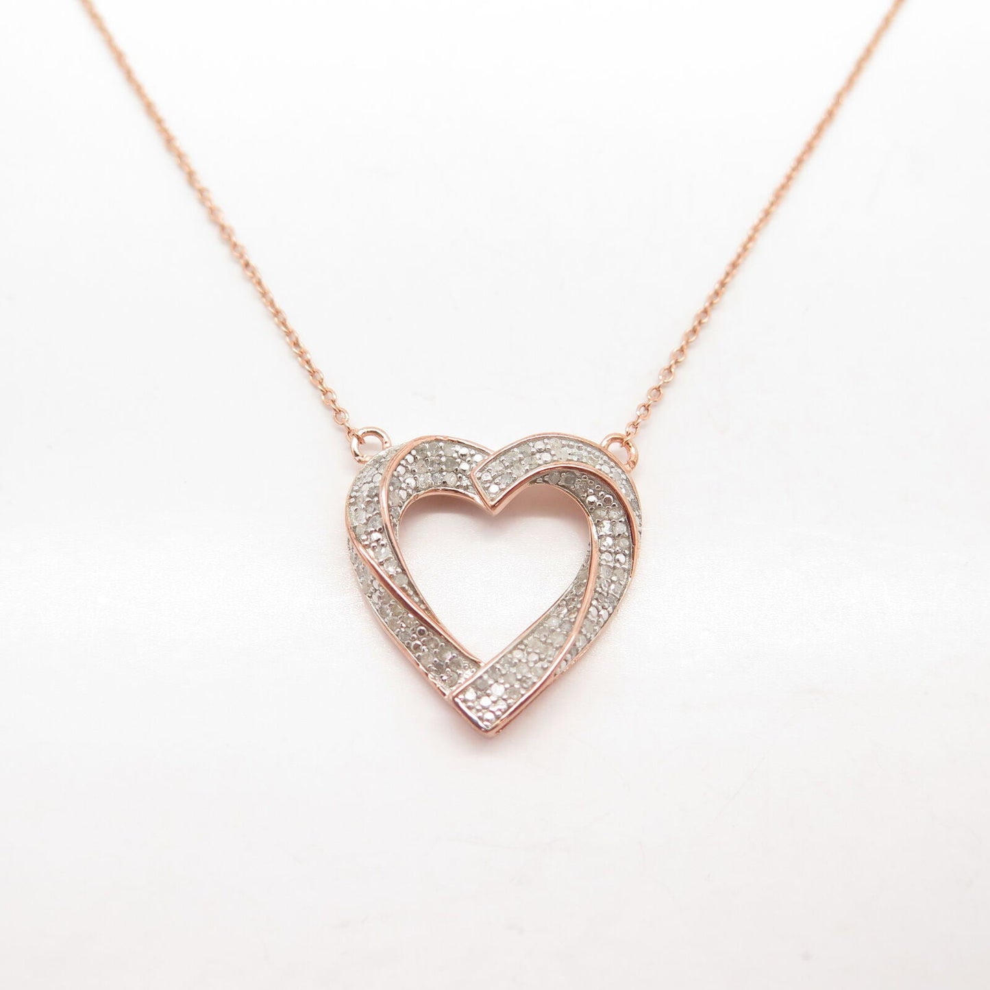 925 Sterling Silver Rose Gold Plated Real White Diamond Heart Chain Necklace 18"