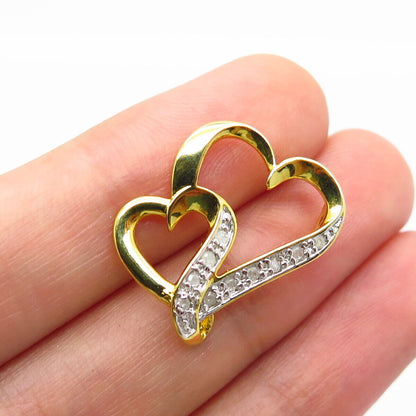 925 Sterling Silver Gold Plated Real White Diamond Double Heart Slide Pendant